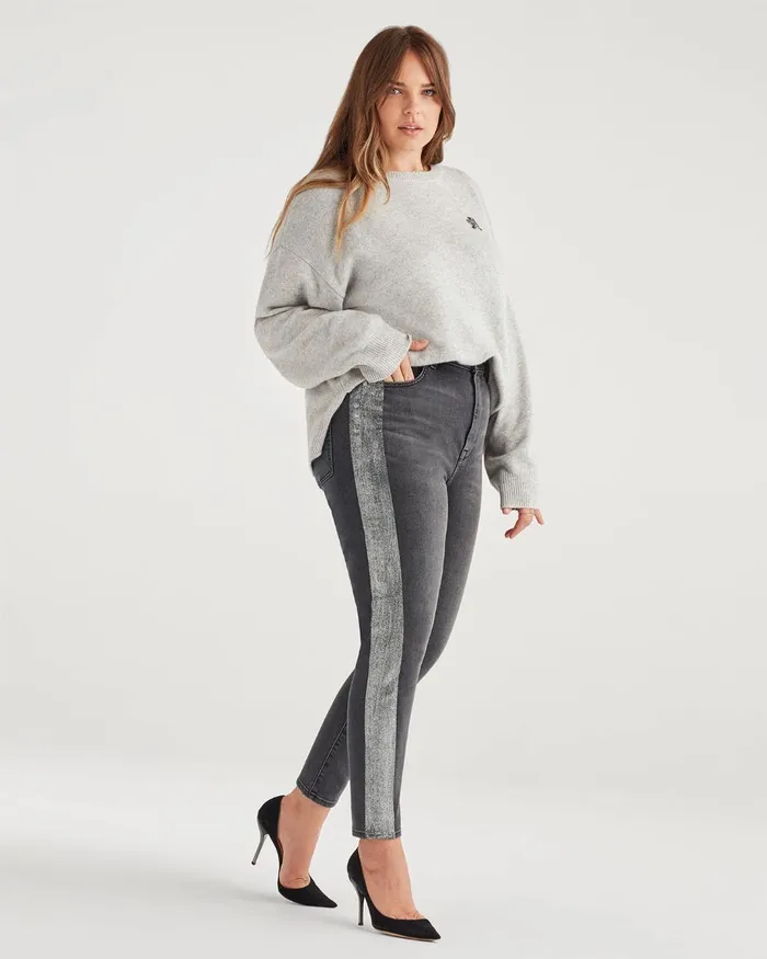 Women 7 For All Mankind Ankle High Waist Ankle Skinny With Metallic Glitter Tux Stripe In Washed Black