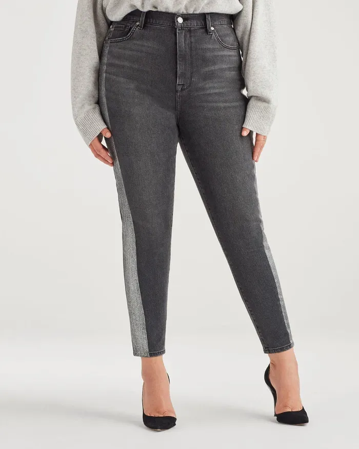 Women 7 For All Mankind Ankle High Waist Ankle Skinny With Metallic Glitter Tux Stripe In Washed Black