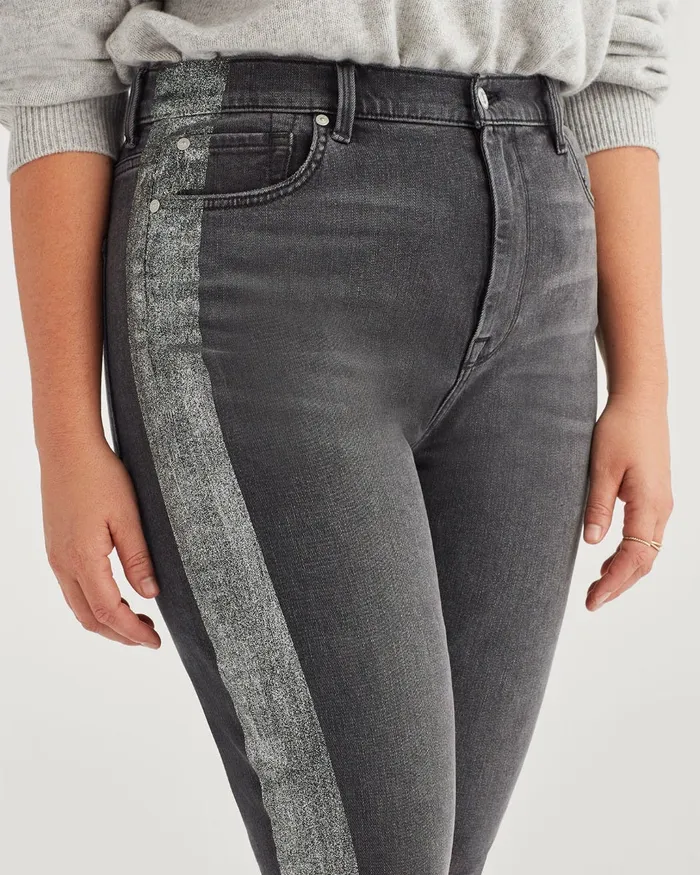 Women 7 For All Mankind Ankle High Waist Ankle Skinny With Metallic Glitter Tux Stripe In Washed Black