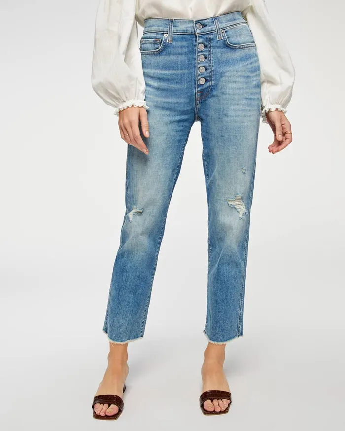 Women 7 For All Mankind Cropped High Waist Cropped Straight With Frayed Hem