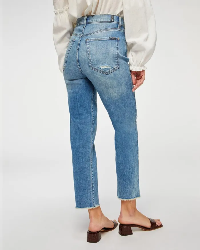 Women 7 For All Mankind Cropped High Waist Cropped Straight With Frayed Hem