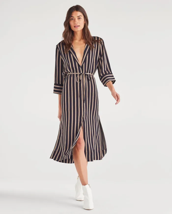 Women 7 For All Mankind Dresses 038 Jumpsuits Maxi Shirt Dress With Side Slits In Gold Navy Stripe