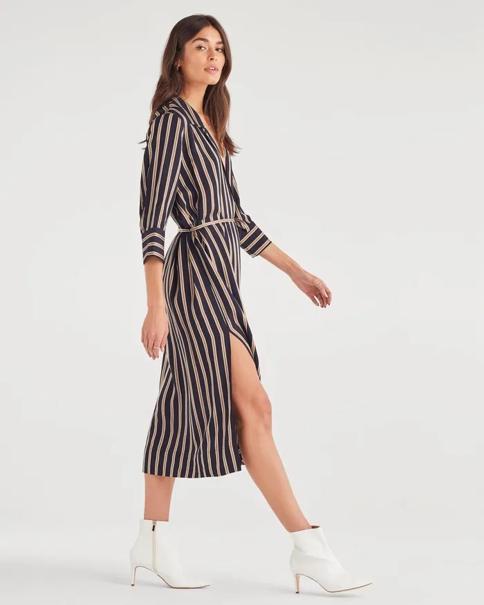Women 7 For All Mankind Dresses 038 Jumpsuits Maxi Shirt Dress With Side Slits In Gold Navy Stripe