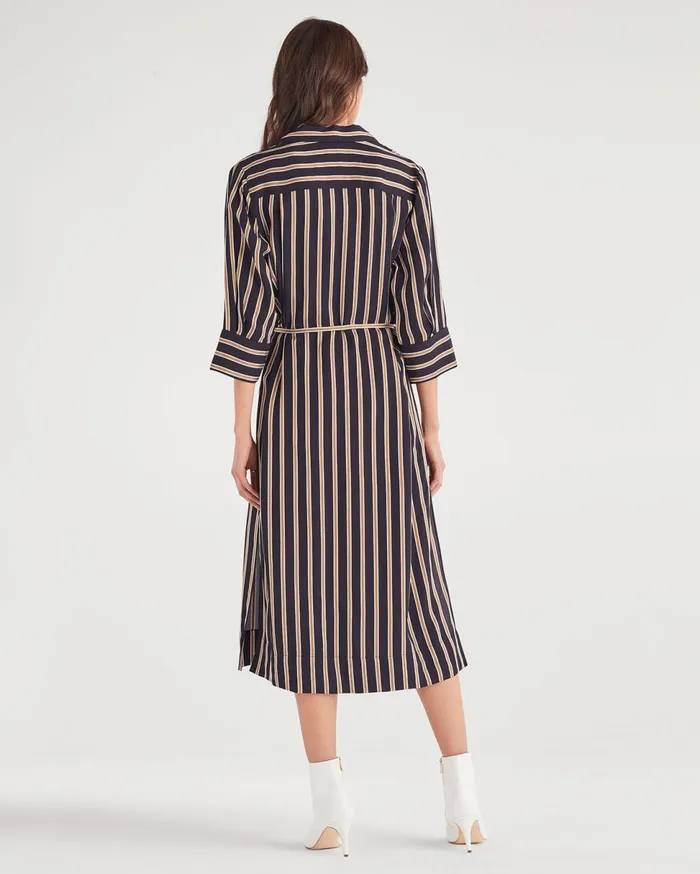 Women 7 For All Mankind Dresses 038 Jumpsuits Maxi Shirt Dress With Side Slits In Gold Navy Stripe