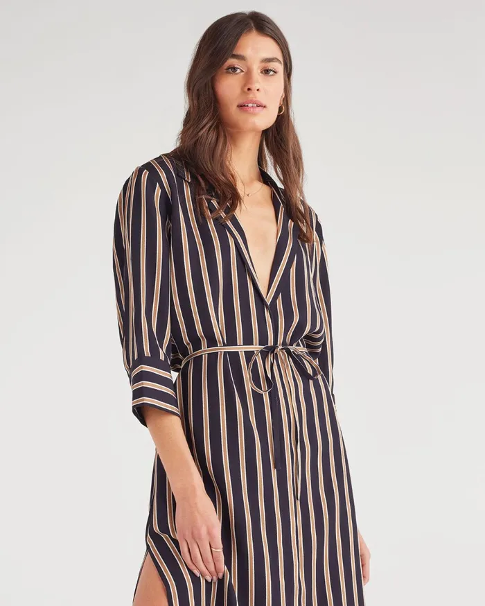 Women 7 For All Mankind Dresses 038 Jumpsuits Maxi Shirt Dress With Side Slits In Gold Navy Stripe