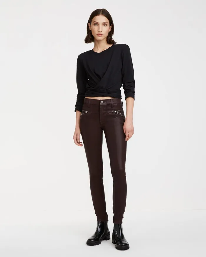 Women 7 For All Mankind Mid Rise The Skinny With Corset Seam Pockets 038 Studs In Coated Black
