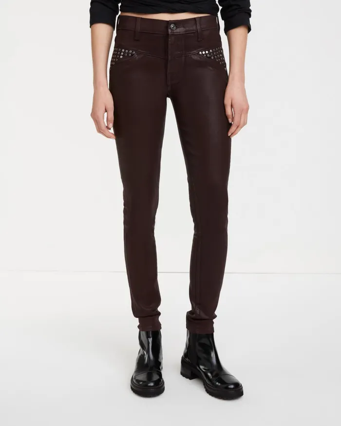 Women 7 For All Mankind Mid Rise The Skinny With Corset Seam Pockets 038 Studs In Coated Black