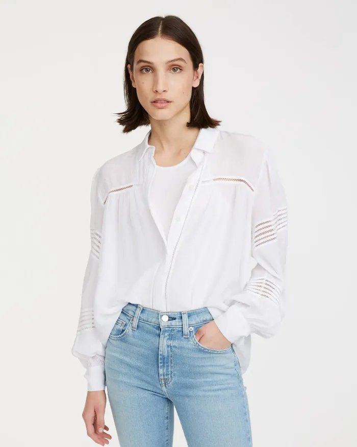 Women 7 For All Mankind Tops Collar Shirt With Trim Inserts In White