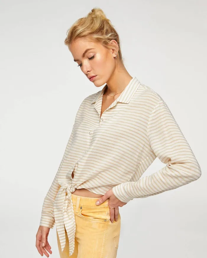 Women 7 For All Mankind Tops Long Sleeve Tie Front Shirt In Soft White 038 Tan Stripe