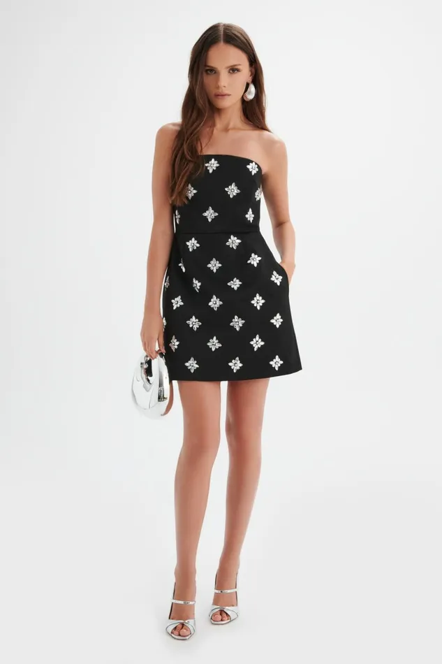 Women ALine Dresses Lavish Alice ANNABELLE Embellished Satin Mini Dress In Black Black