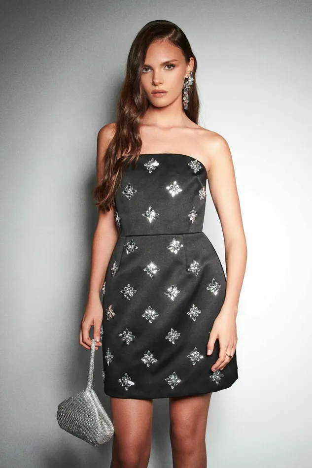 Women ALine Dresses Lavish Alice ANNABELLE Embellished Satin Mini Dress In Black Black