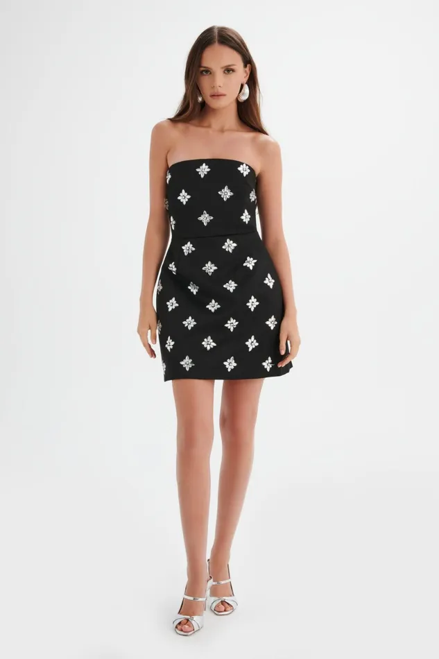 Women ALine Dresses Lavish Alice ANNABELLE Embellished Satin Mini Dress In Black Black