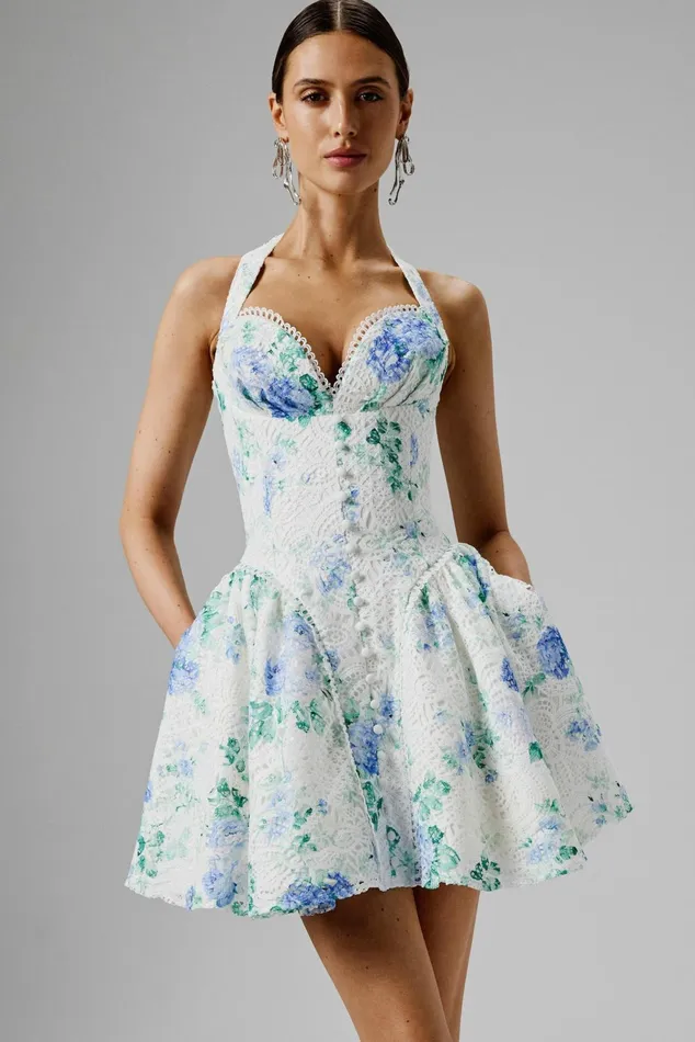 Women ALine Dresses Lavish Alice CARA Micro Button And Loop Detail Volume Flared Mini Dress In Floral Broderie Floral B