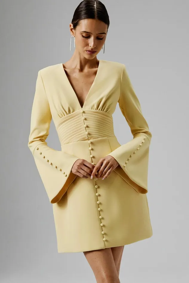 Women ALine Dresses Lavish Alice LARA Fluted Sleeve Micro Shell Button Mini Dress In Yellow Yellow Women ALine Dresses Lavish Alice LARA Fluted Sleeve Micro Shell Button Mini Dress In Yellow Yellow