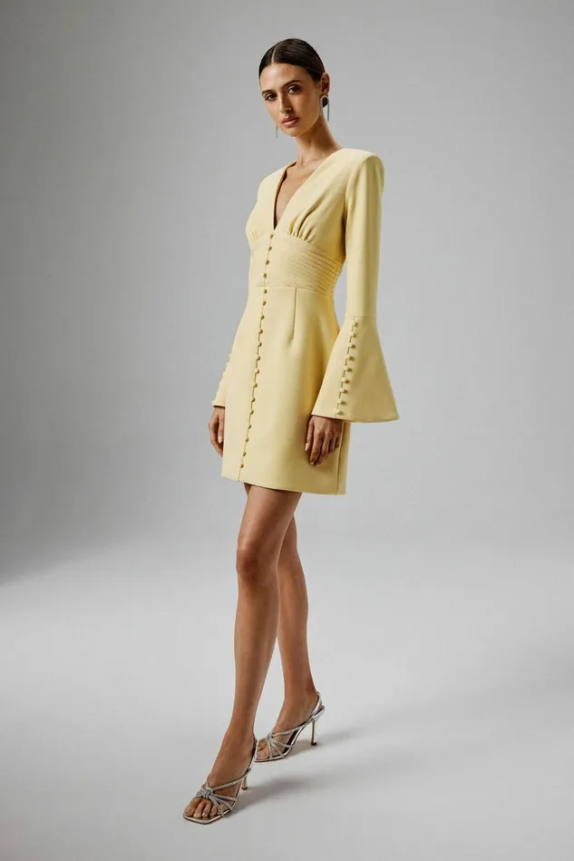 Women ALine Dresses Lavish Alice LARA Fluted Sleeve Micro Shell Button Mini Dress In Yellow Yellow