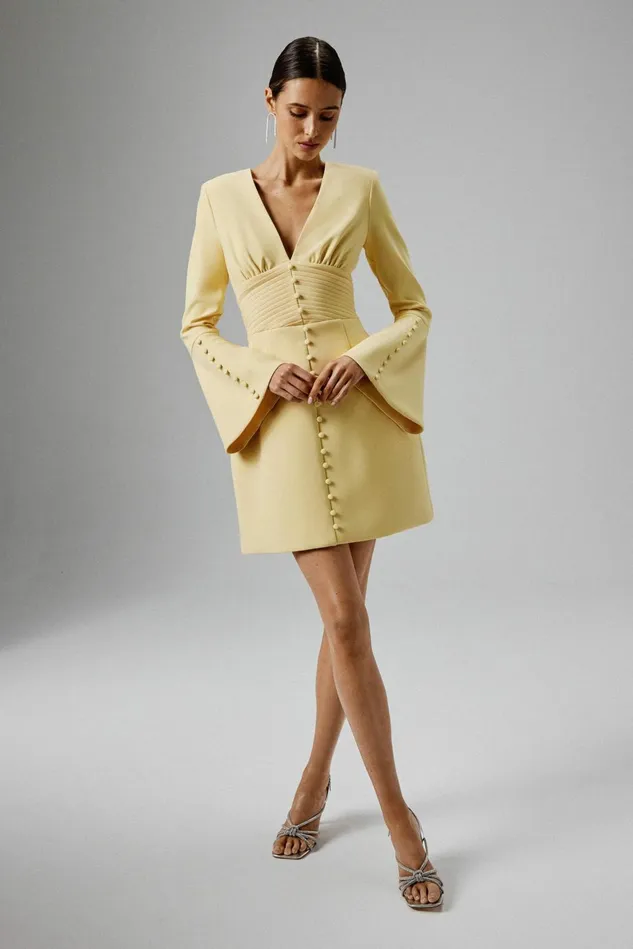Women ALine Dresses Lavish Alice LARA Fluted Sleeve Micro Shell Button Mini Dress In Yellow Yellow