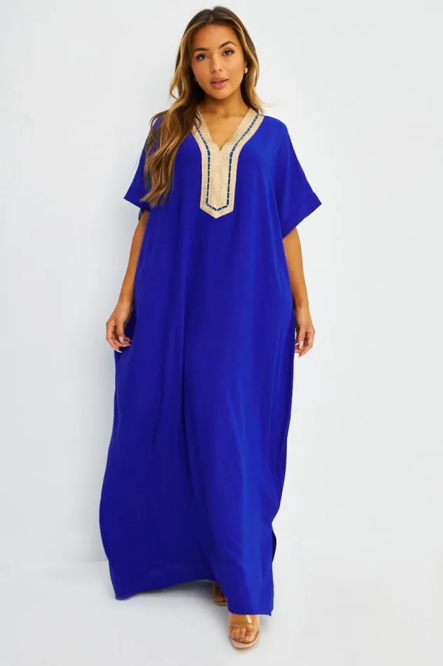 Women Abaya Bleue Broderies Dores Blue Brentiny Paris Collection Ramadan