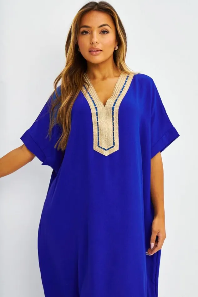 Women Abaya Bleue Broderies Dores Blue Brentiny Paris Collection Ramadan
