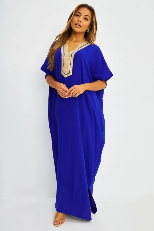 Women Abaya Bleue Broderies Dores Blue Brentiny Paris Collection Ramadan