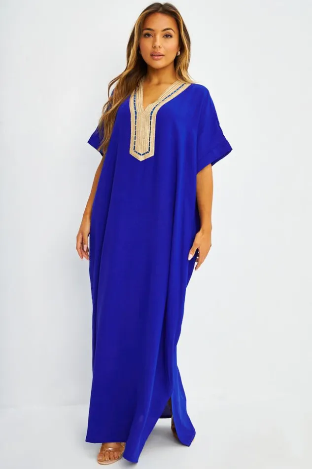 Women Abaya Bleue Broderies Dores Blue Brentiny Paris Collection Ramadan