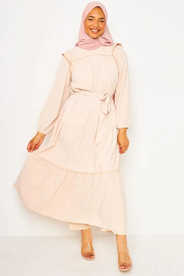 Women Abaya Maxi Dress With Crochet Trim Detail In Light Beige Beige Brentiny Paris Collection Ramadan Women Abaya Maxi Dress With Crochet Trim Detail In Light Beige Beige Brentiny Paris Collection Ramadan