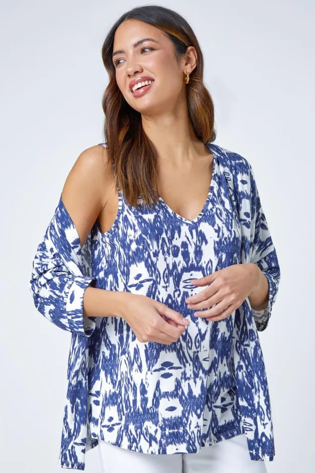 Women Abstract Print Stretch Jersey Kimono Roman Tops