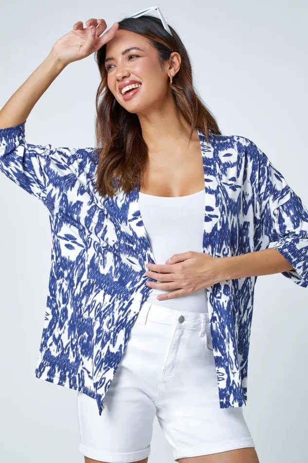 Women Abstract Print Stretch Jersey Kimono Roman Tops