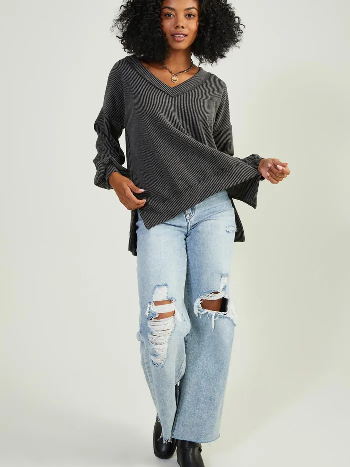 Women Altar039d State Blouses Fallon Ribbed Tunic Top Charcoal