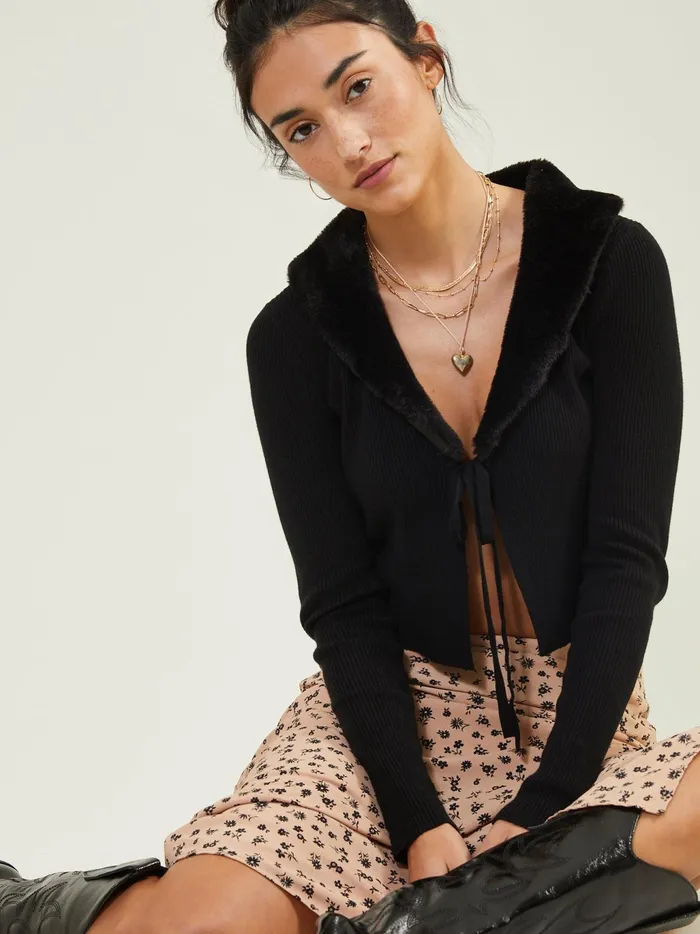 Women Altar039d State Cardigans Kimberly Fur Collar Cardigan Black