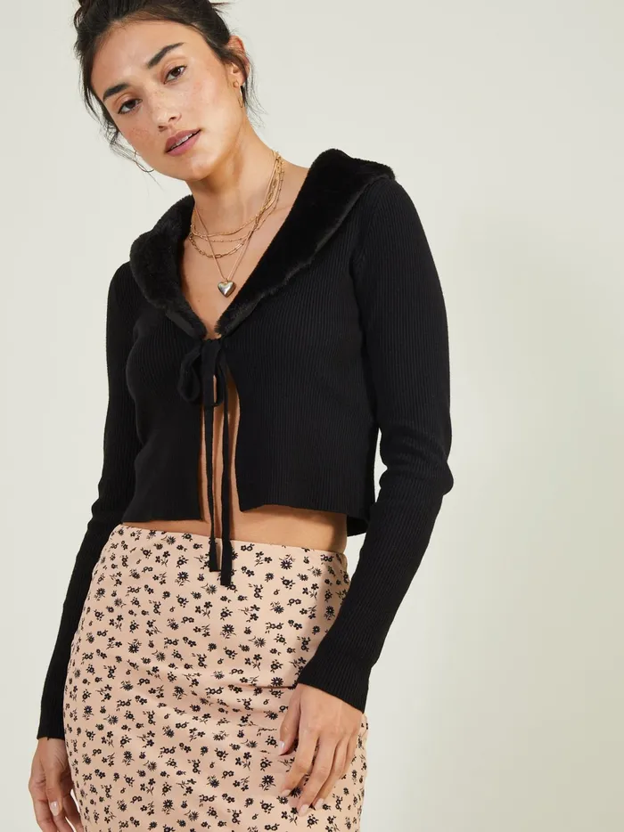 Women Altar039d State Cardigans Kimberly Fur Collar Cardigan Black