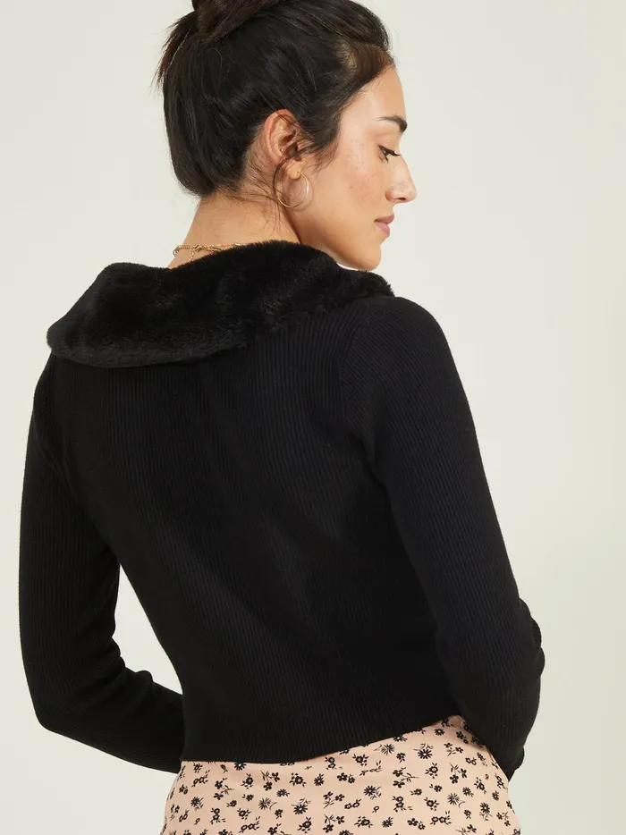 Women Altar039d State Cardigans Kimberly Fur Collar Cardigan Black