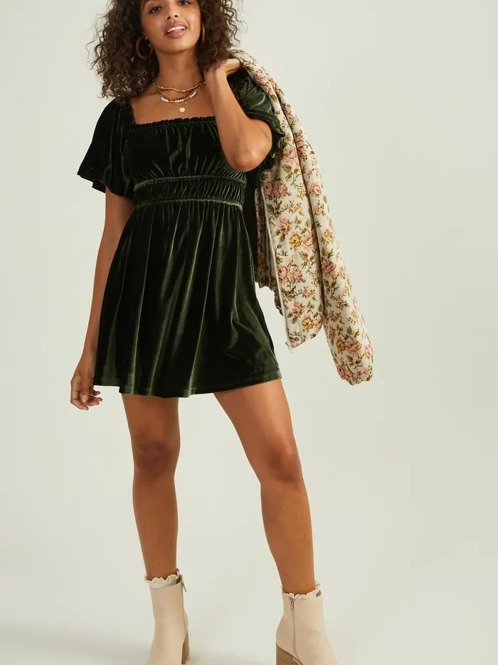 Women Altar039d State Casual Rose Velvet Babydoll Dress Green