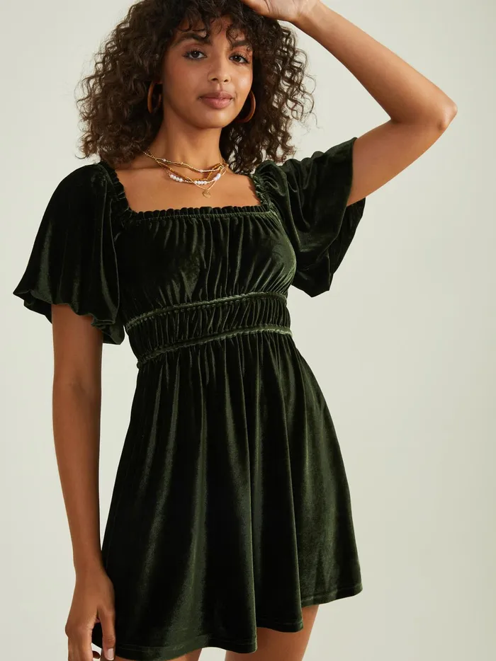 Women Altar039d State Casual Rose Velvet Babydoll Dress Green