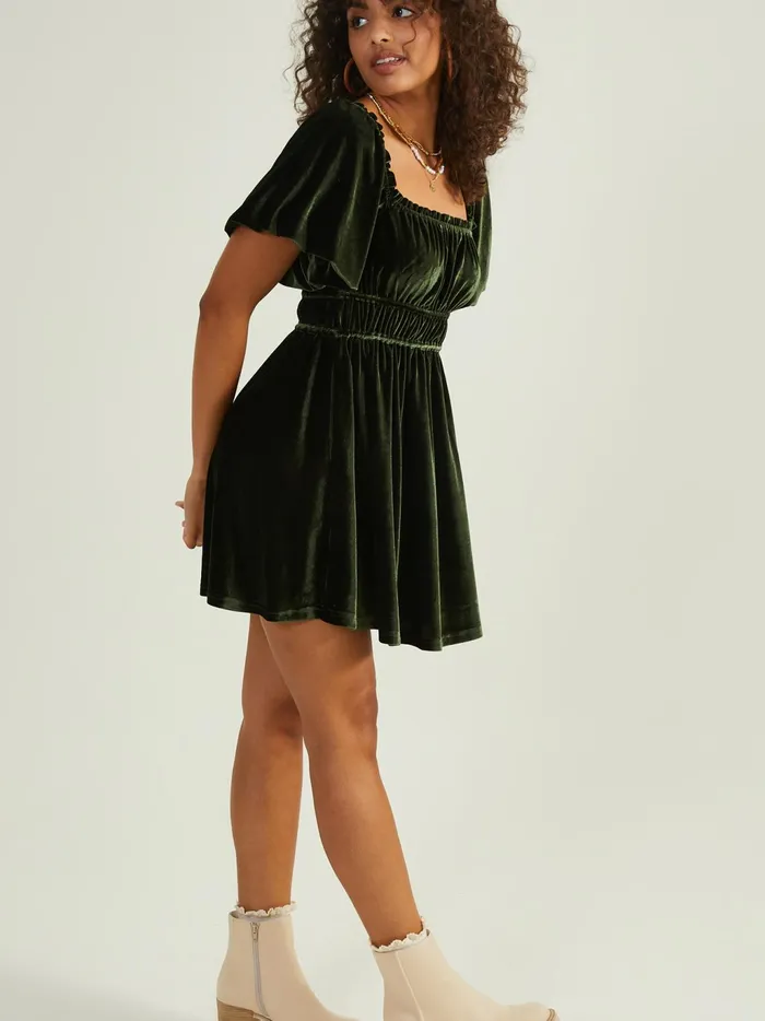 Women Altar039d State Casual Rose Velvet Babydoll Dress Green