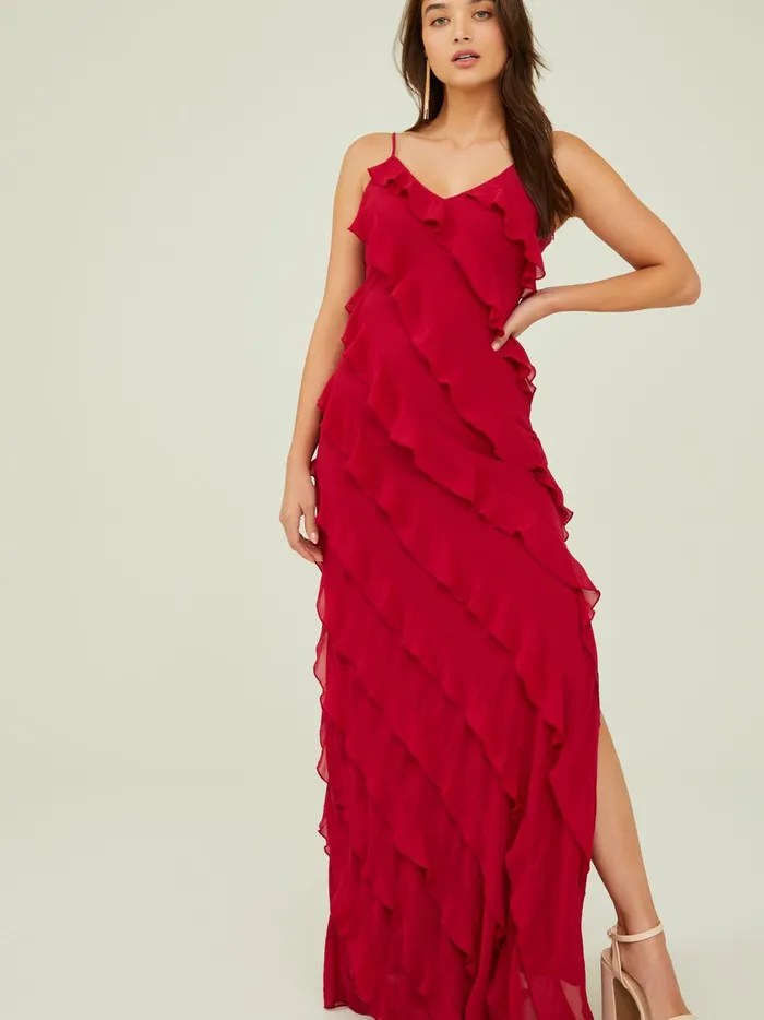 Women Altar039d State Maxi Midi Clover Ruffle Maxi Dress Deepred