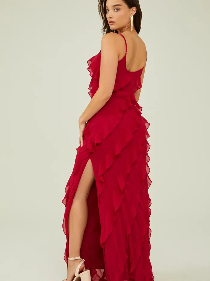 Women Altar039d State Maxi Midi Clover Ruffle Maxi Dress Deepred
