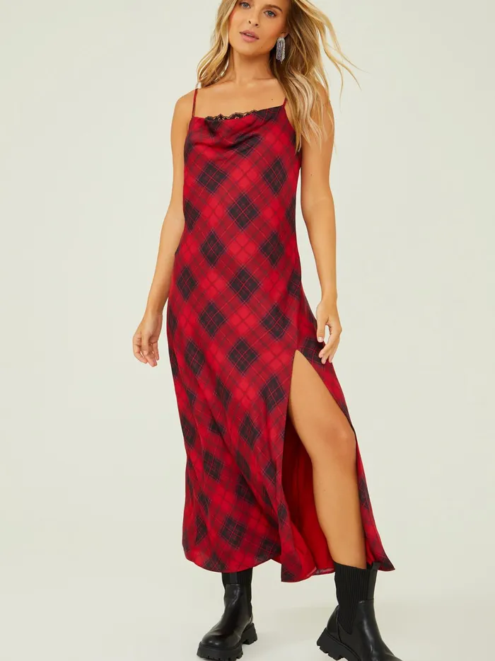 Women Altar039d State Maxi Midi Kelly Plaid Midi Dress Redblack