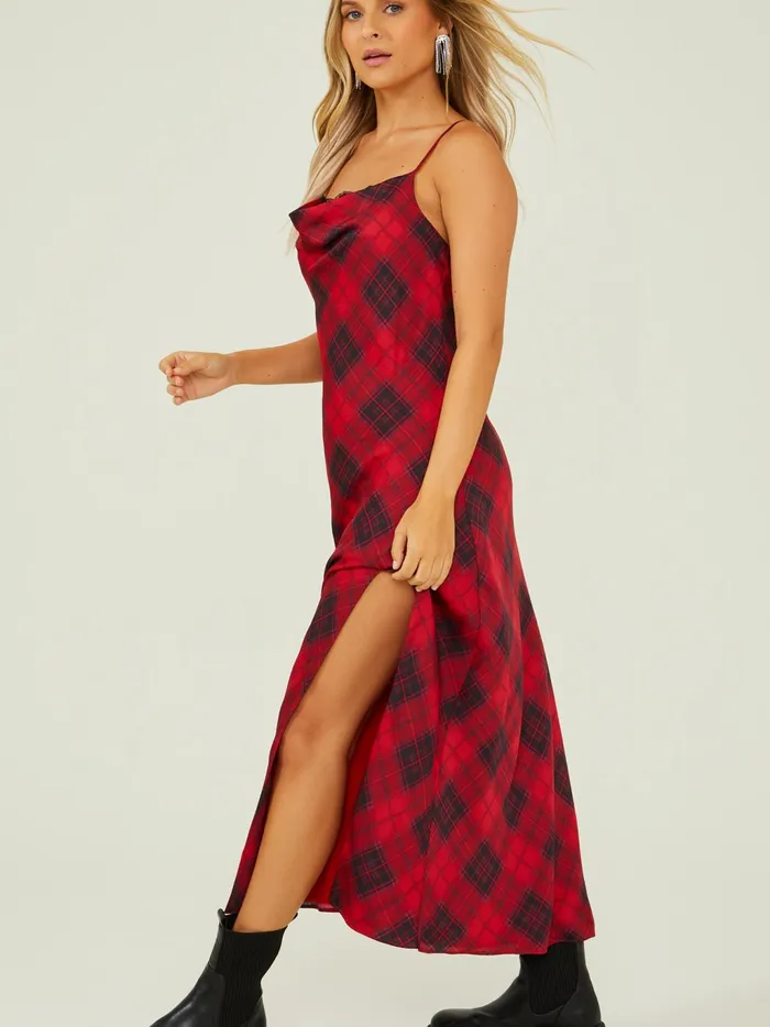Women Altar039d State Maxi Midi Kelly Plaid Midi Dress Redblack