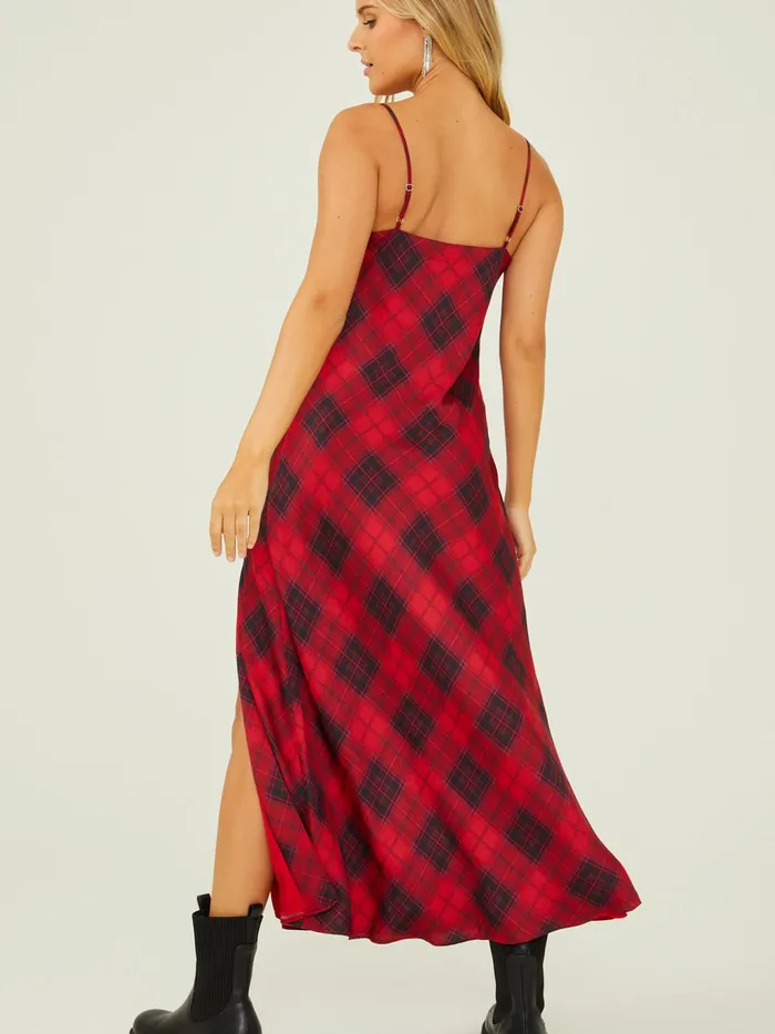 Women Altar039d State Maxi Midi Kelly Plaid Midi Dress Redblack