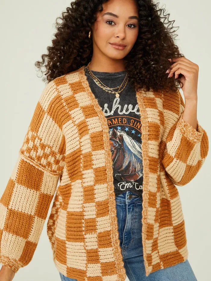 Women Altar039d State Sweaters Lauren Checkered Cardigan Camel
