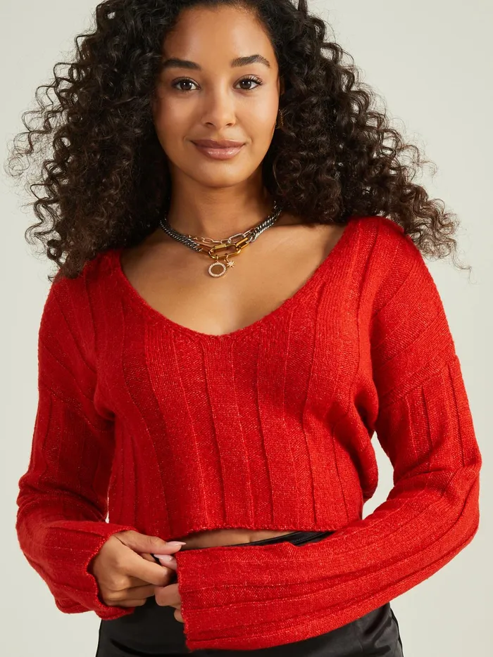 Women Altar039d State Sweaters Oaklynn Ribbed VNeck Sweater Red