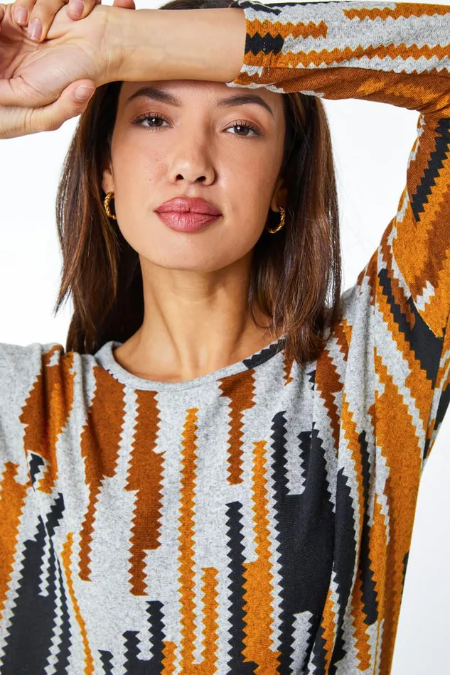 Women Amber Abstract Print Blouson Hem Top Roman Tops