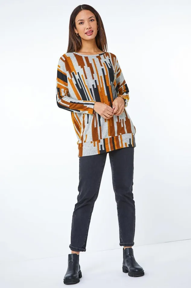 Women Amber Abstract Print Blouson Hem Top Roman Tops