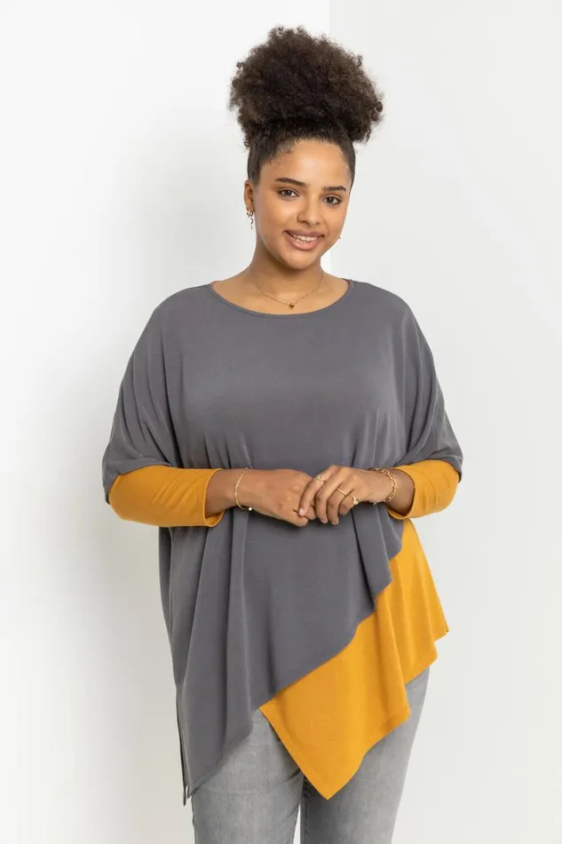 Women Amber Curve Colourblock Asymmetric Snood Tunic Top Roman Tops