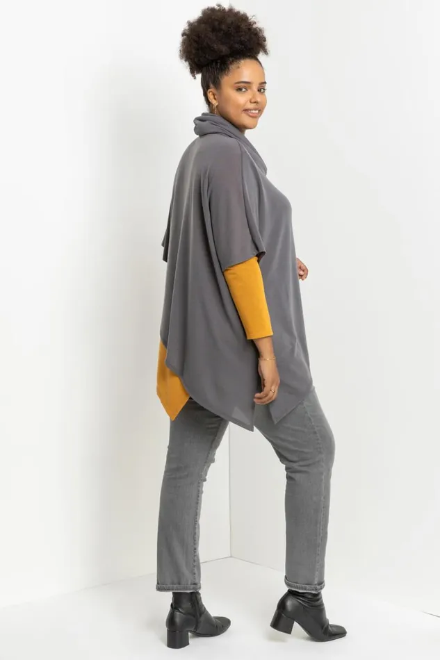 Women Amber Curve Colourblock Asymmetric Snood Tunic Top Roman Tops