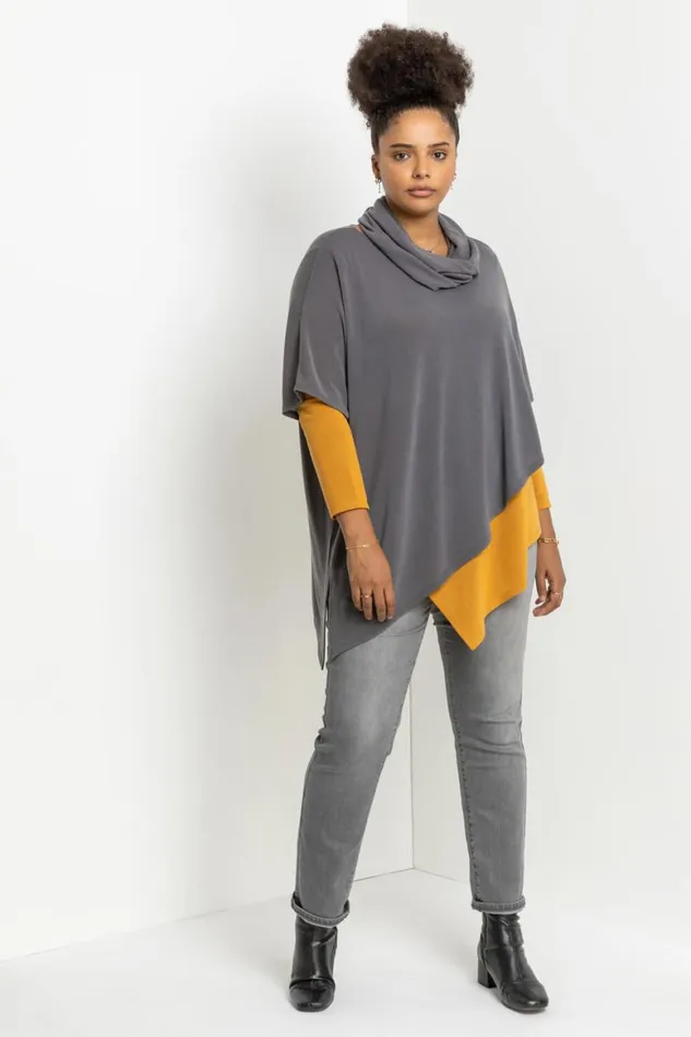 Women Amber Curve Colourblock Asymmetric Snood Tunic Top Roman Tops
