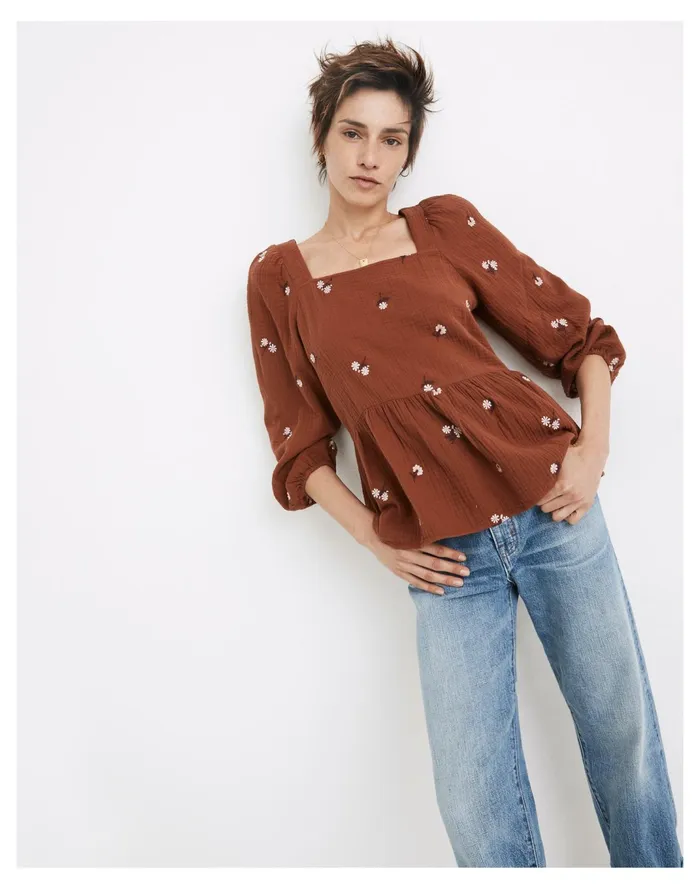 Women Amie Floral Embroidered Lightspun Millbrook Puff Sleeve Peplum Top Maple Syrup Madewell Tops and Shirts Women Amie Floral Embroidered Lightspun Millbrook Puff Sleeve Peplum Top Maple Syrup Madewell Tops and Shirts