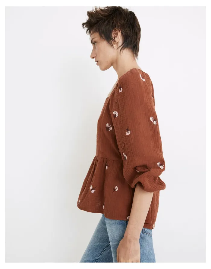 Women Amie Floral Embroidered Lightspun Millbrook Puff Sleeve Peplum Top Maple Syrup Madewell Tops and Shirts Women Amie Floral Embroidered Lightspun Millbrook Puff Sleeve Peplum Top Maple Syrup Madewell Tops and Shirts