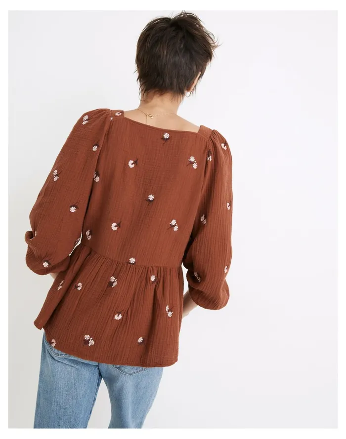Women Amie Floral Embroidered Lightspun Millbrook Puff Sleeve Peplum Top Maple Syrup Madewell Tops and Shirts Women Amie Floral Embroidered Lightspun Millbrook Puff Sleeve Peplum Top Maple Syrup Madewell Tops and Shirts