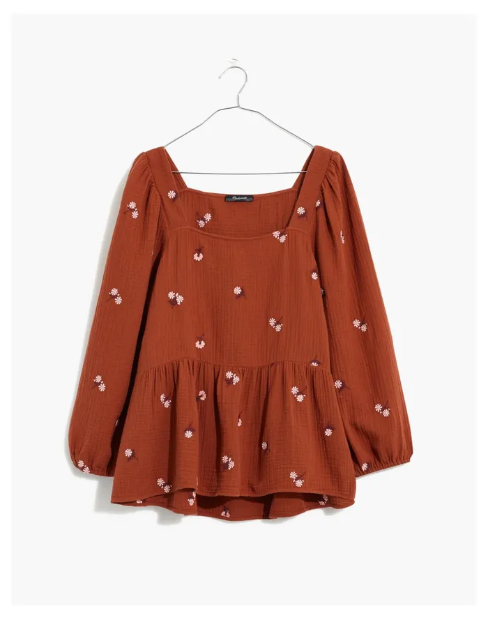 Women Amie Floral Embroidered Lightspun Millbrook Puff Sleeve Peplum Top Maple Syrup Madewell Tops and Shirts Women Amie Floral Embroidered Lightspun Millbrook Puff Sleeve Peplum Top Maple Syrup Madewell Tops and Shirts